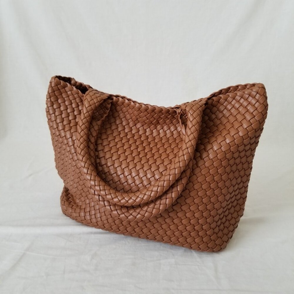 NEW! Upscale Classy Brown Faux Leather Tote Shoulder Bag with Basketweave Design